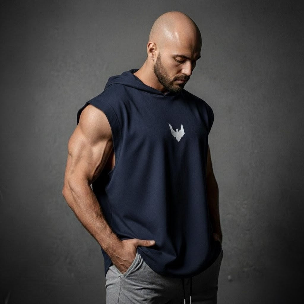 Sleeveless hoodie with printed logo in Navy