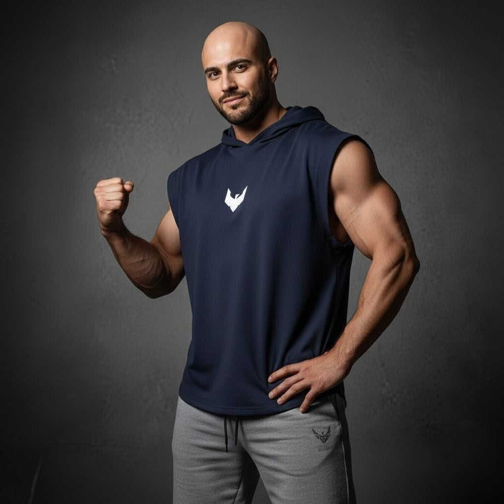 Sleeveless hoodie with printed logo in Navy