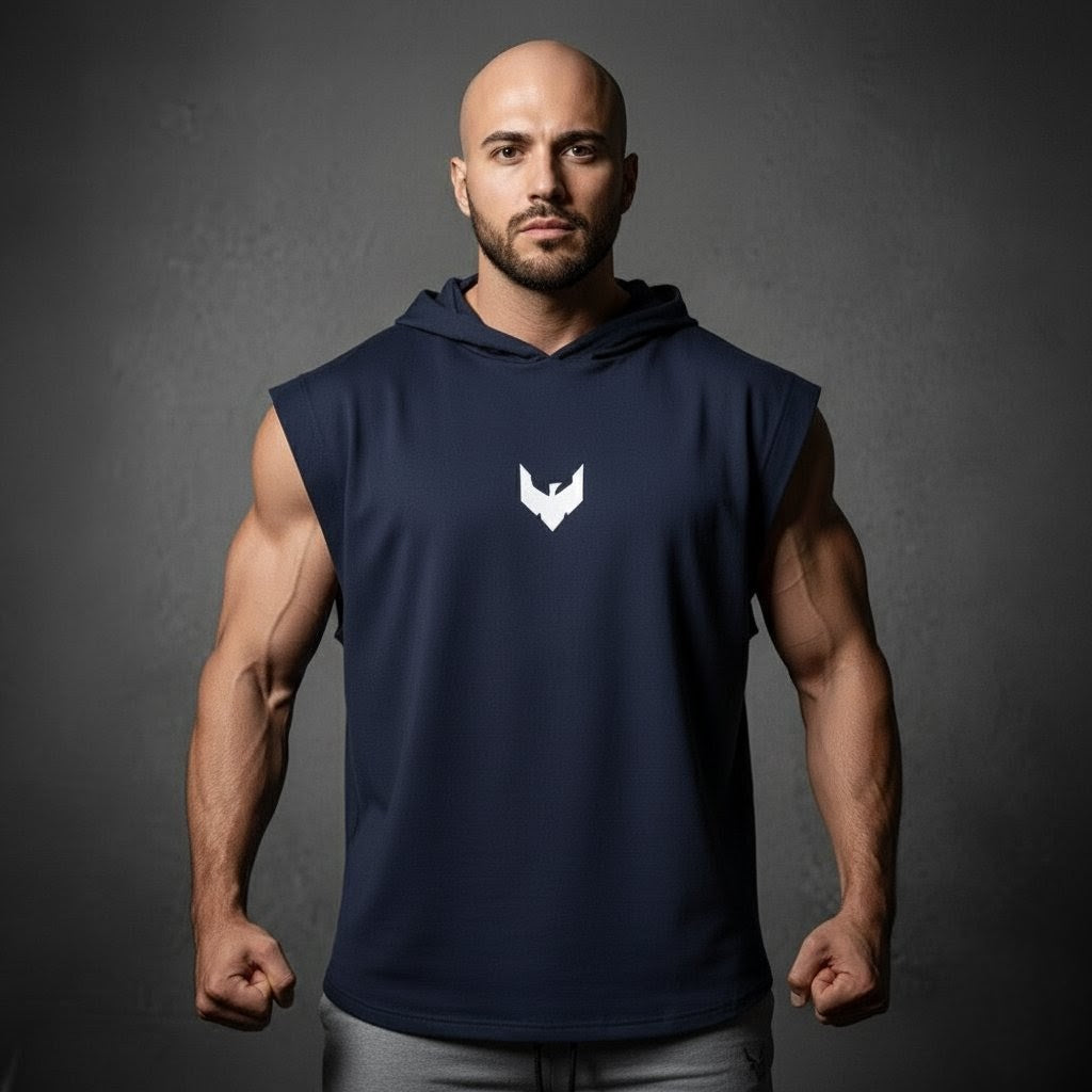 Sleeveless hoodie with printed logo in Navy