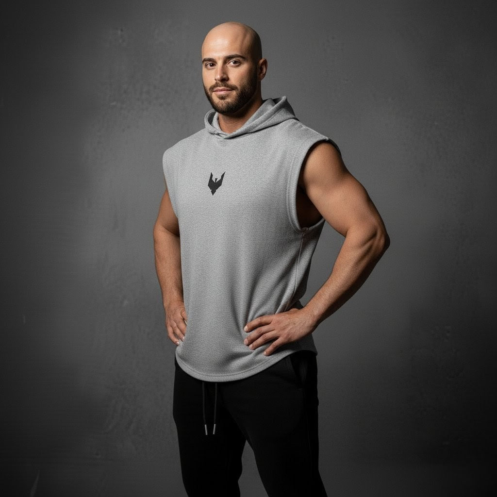 Sleeveless hoodie with printed logo in Heather-Grey