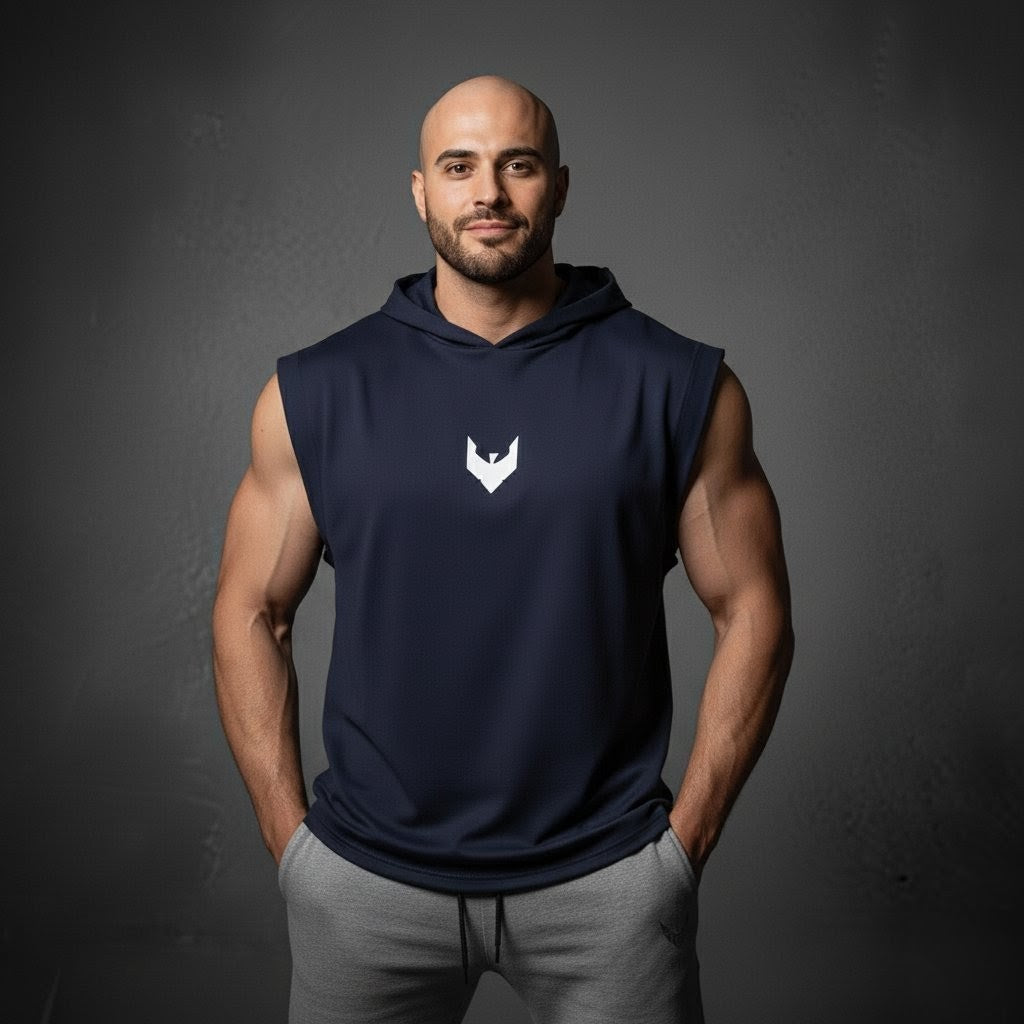 Sleeveless hoodie with printed logo in Navy