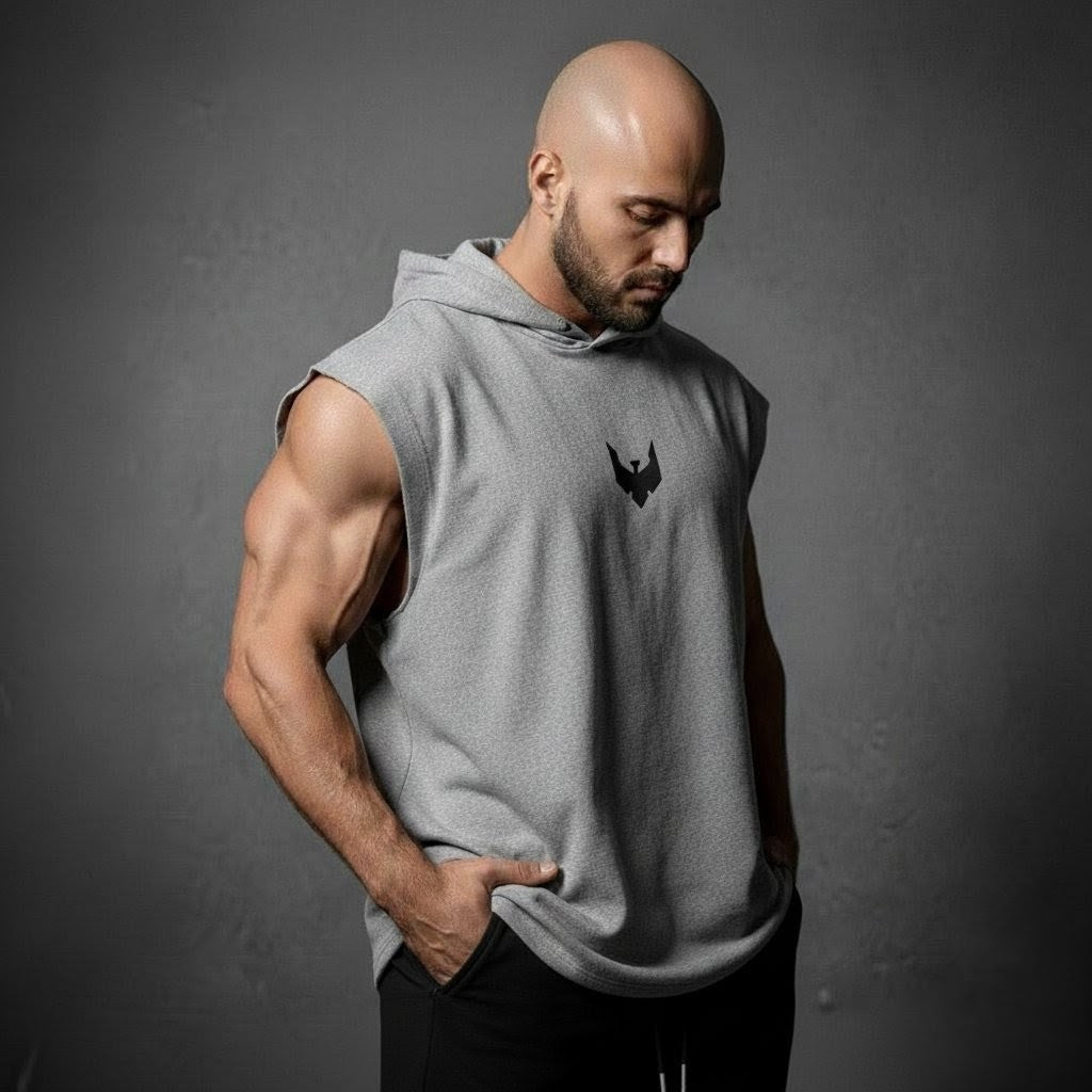 Sleeveless hoodie with printed logo in Heather-Grey
