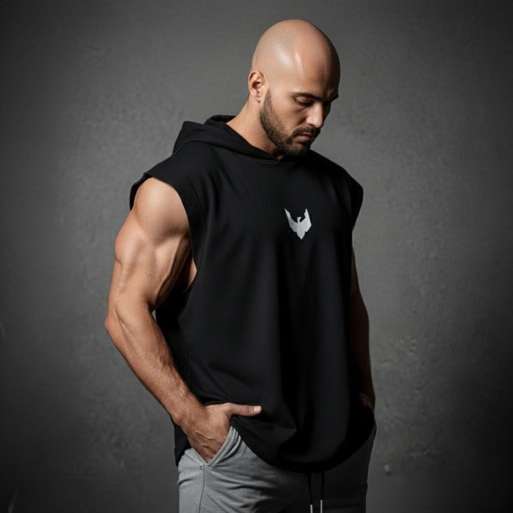 Sleeveless hoodie with printed logo in Black