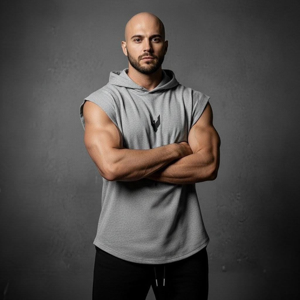 Sleeveless hoodie with printed logo in Heather-Grey